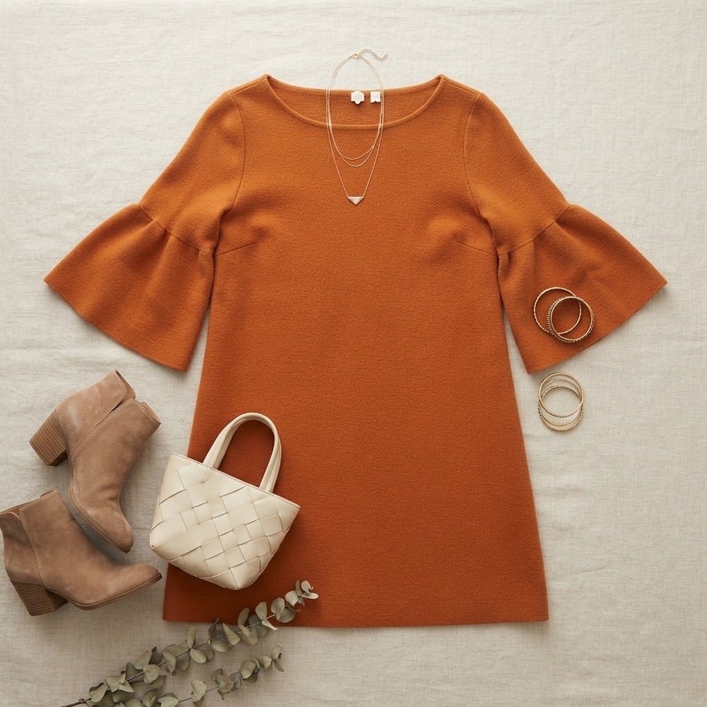 Moth Sweater Dress Womens S Orange Bell Sleeve Knit Shift Mini Boho Fall Retro